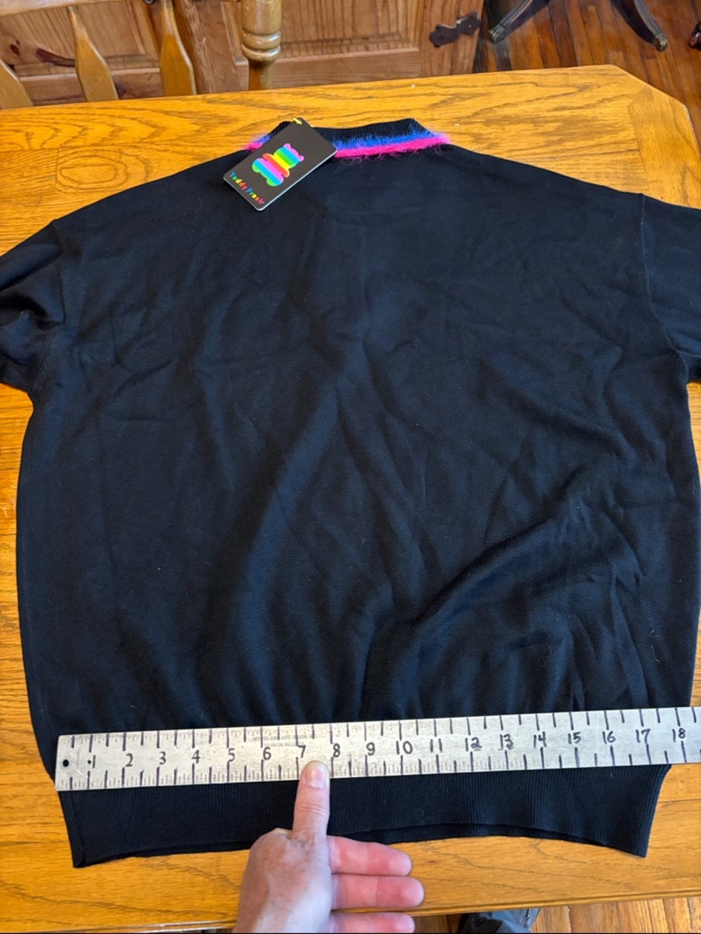 Teddy Fresh Black V-Neck Sweater with Pink & Blue Fuzzy Trim NWT Rare. - Picture 13 of 13